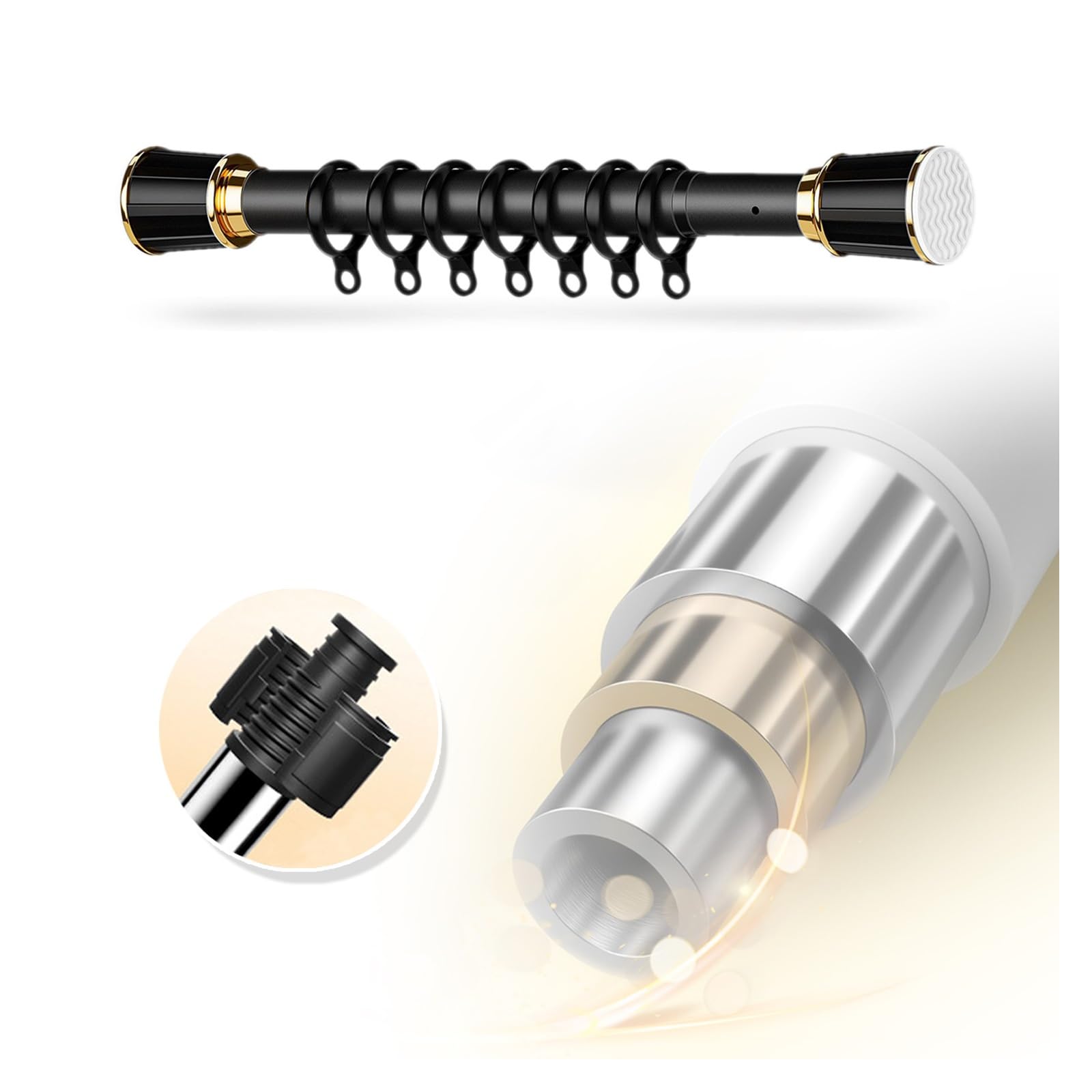 WQPMNYG Adjustable No Drill Tension Rod - Extendable Curtain Rod for Bathroom & Bedroom, Teles Shower Curtain Pole with 20 Rings, Easy Installation & Stylish Design