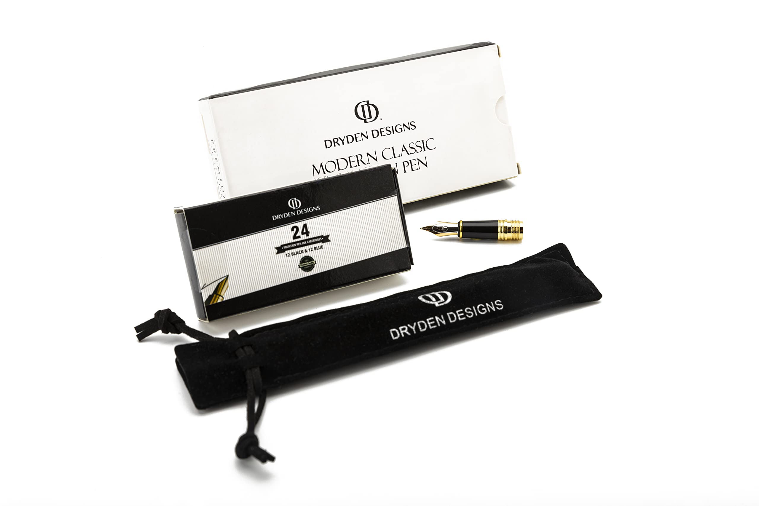Dryden Designs Pluma estilográfica, punta media y fina, incluye 24 cartuchos de tinta y convertidor de recarga de tinta, bolígrafo de caligrafía, escritura consistente, aspecto suave, negro intenso.
