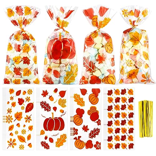 Fall Thanksgiving Treat Bags 100Pcs Thanksgiving Fall Cellophane Treat Bags Plastic Falls Autumn Maple Leaf Pumpkin Candy Cookies Goodie Gift Bags with Twist Ties for Thanksgivings Falls Party Favors