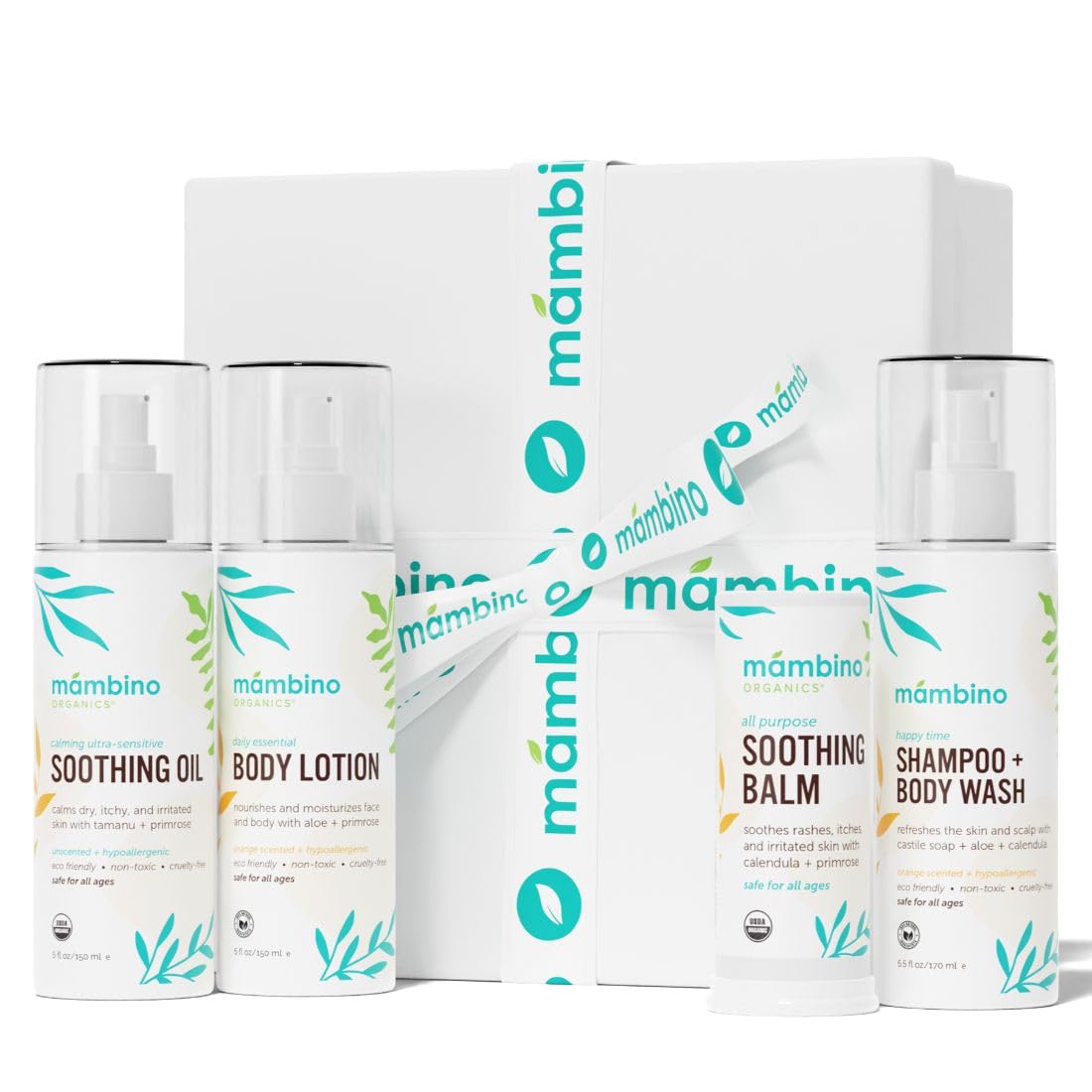 Mambino OrganicsBaby Arrival Essential Care Gift Set - Organic Baby Care Kit - Vegan & Cruelty-Free 4pc Set - Shampoo, Lotion, Soothing Oil & Balm - Ideal Organic Baby Gift Set for New Moms