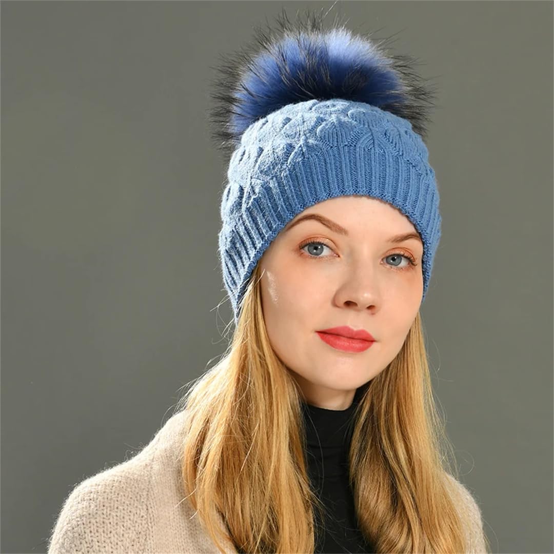 Gorro De Invierno Para Mujer, Gorro Tejido Con Pompón De Piel, Doble Capa, Grueso, Cálido, Otoño