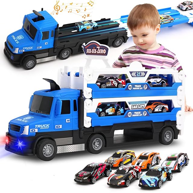 Image of Happy Hues Big Hauler Storage & Deform Truck Toy with 55 inch 2 Ejection Race Track & 6 Cars- Catapult Truck with LED Light & Music for Kids (Blue)