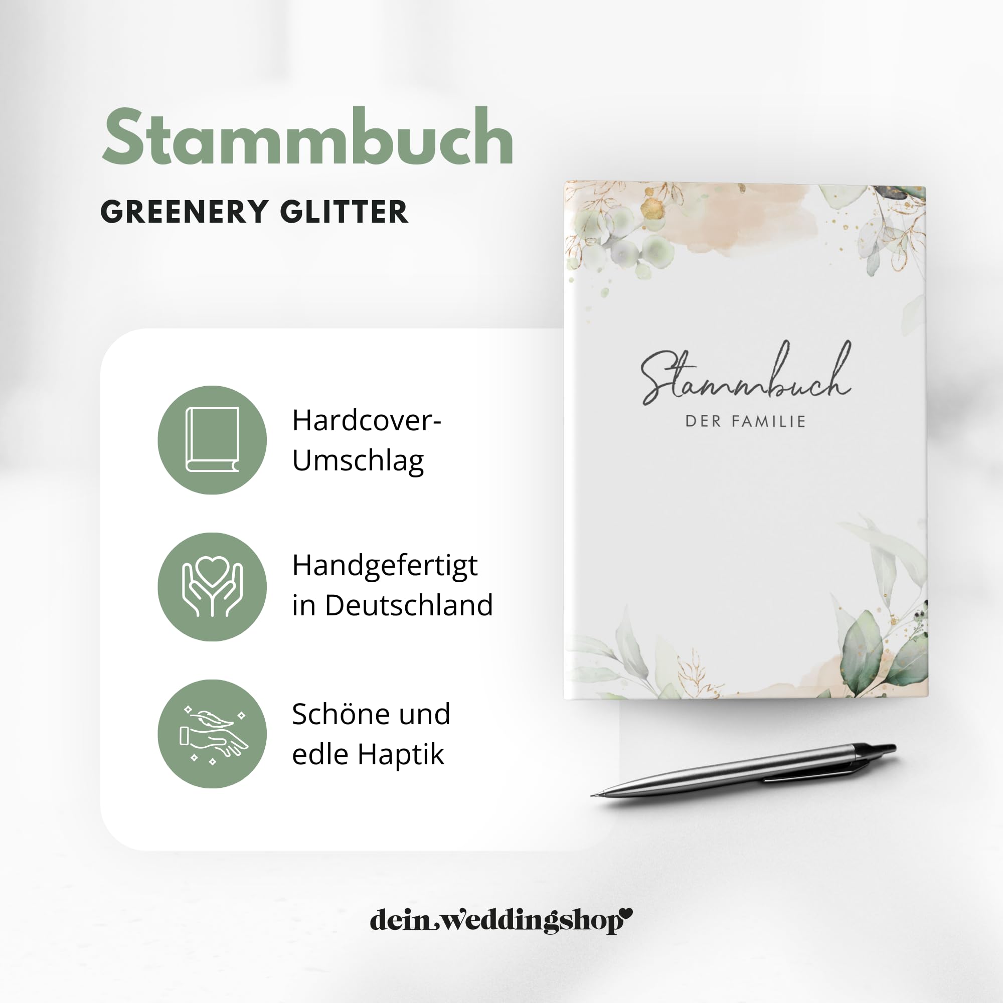 Stammbuch der Familie - modernes Familienstammbuch - Hochzeit Standesamt - Hardcover 16x21cm - Greenery Glitter