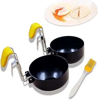 Egg Poacher Poached Egg Cooker Poached Egg Pan Foldable Non-Stick 2 Pack with Oil Brush Egg Spoon Stainless Steel Handle Hook Black