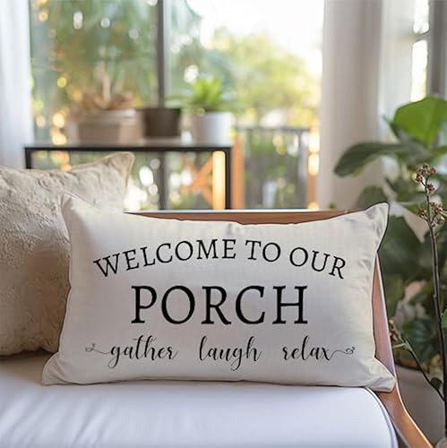 Miniatura 3 de PANDICORN Juego de 2 fundas de almohada decorativas de 12 x 20 pulgadas con texto en inglés "Welcome to Our Porch Stay Awhile", para decoración de