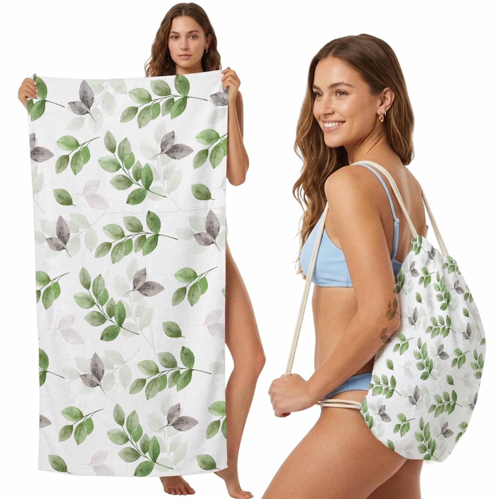 FWJZDSP Beach Towel Backpack Convertible Green Eucalyptus Leaves Sand Free Quick Dry Towel Bag Watercolor Leaf Beach Towel with Adjustable Straps for Travel Swimming Pool Beach Accessories 31.5x63in