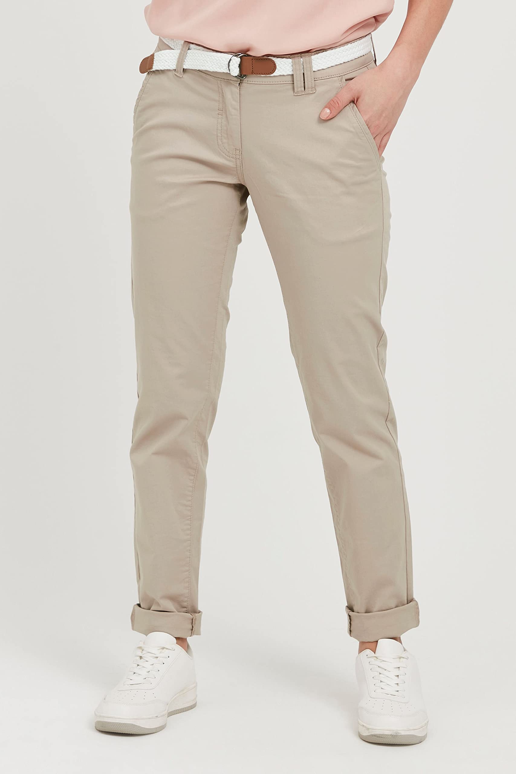 OXMO OXChakira Damen Chino Hose Stoffhose mit Gürtel Stretch Eingrifftaschen Baumwollmischung Regular fit