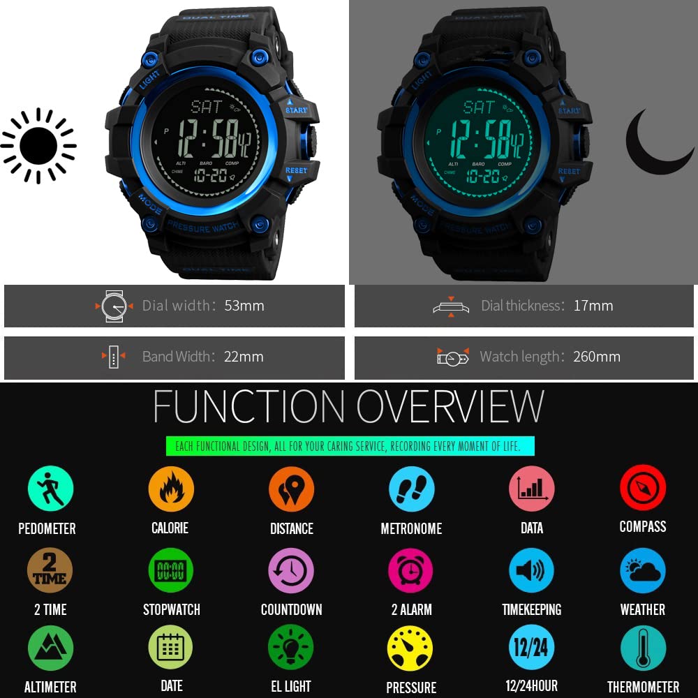 Homme Outdoor Militaires Sport Digital LED Plastique Montres Bracelet et Caoutchouc Ruban Multifonctionnel Boussole Podomètre Altimètre Baromètre Thermomètre