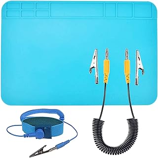Soldering Mat Anti-Static Silicone Mat 932°F 11.8 x 7.8inch / 30 x 20cm Heat-Resistant Mat for Electronics Repair with Alligator Clip Grounding Cable, Anti-Static Wrist