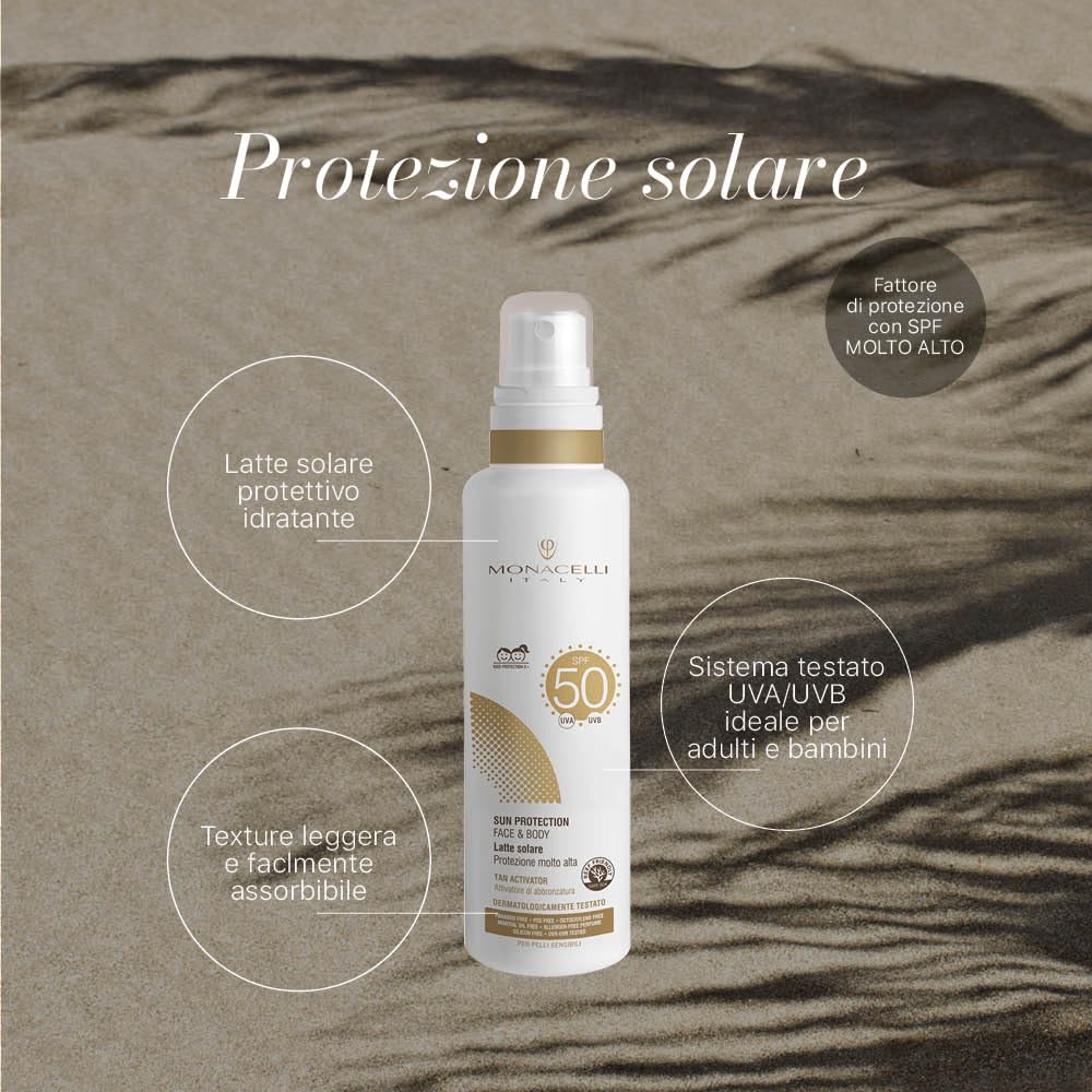 Monacelli Kit Solare: Crema solare Face & Body SPF 50 100ml + Olio protettivo per capelli Before Sun Hair Oil 50ml, protezione solare alta ideale per adulti e bambini