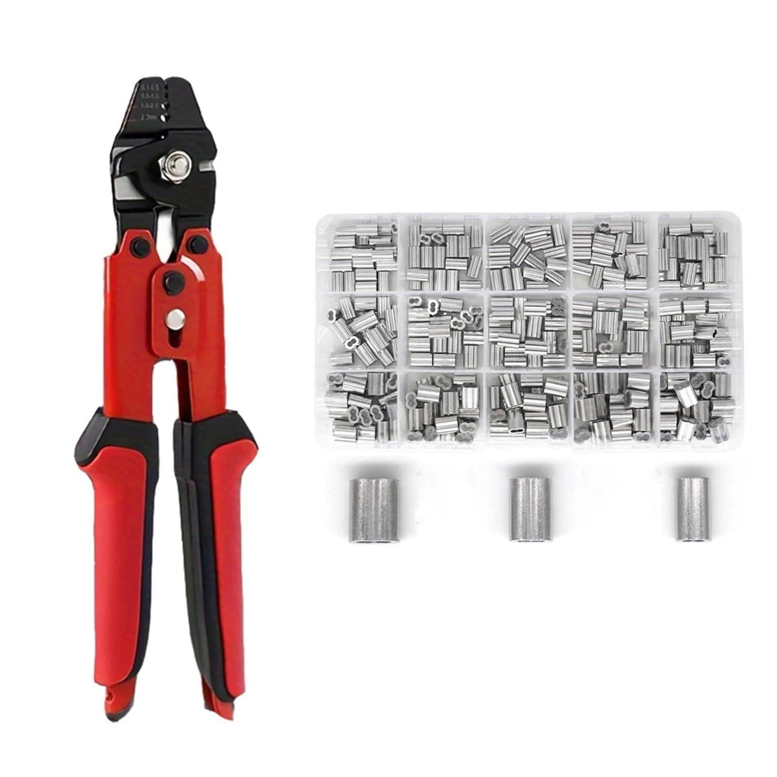 Qxbfndc Red 300Pcs Crimping Tool Up To 2.2Mm Crimping Plier Wire Rope Swager Crimper Fishing Crimp Tool Aluminum Double Barrel Ferrule Crimping Loop Sleeve Kit(Red 300Pcs)