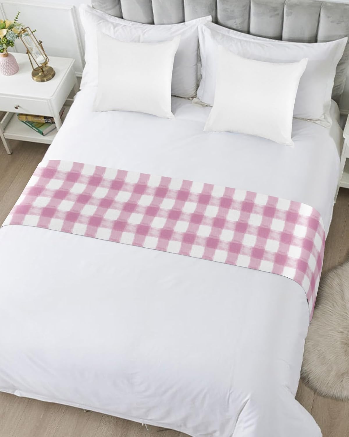 Smile Sunflower Bed Runner Scarf Rustic Farmhouse Pink Watercolor Lattice Bedding Scarf Decorative Bed Runners Cover for Home Bedroom Hotel Wedding Room Bed Scarf for Foot of Bed Queen 83x20in