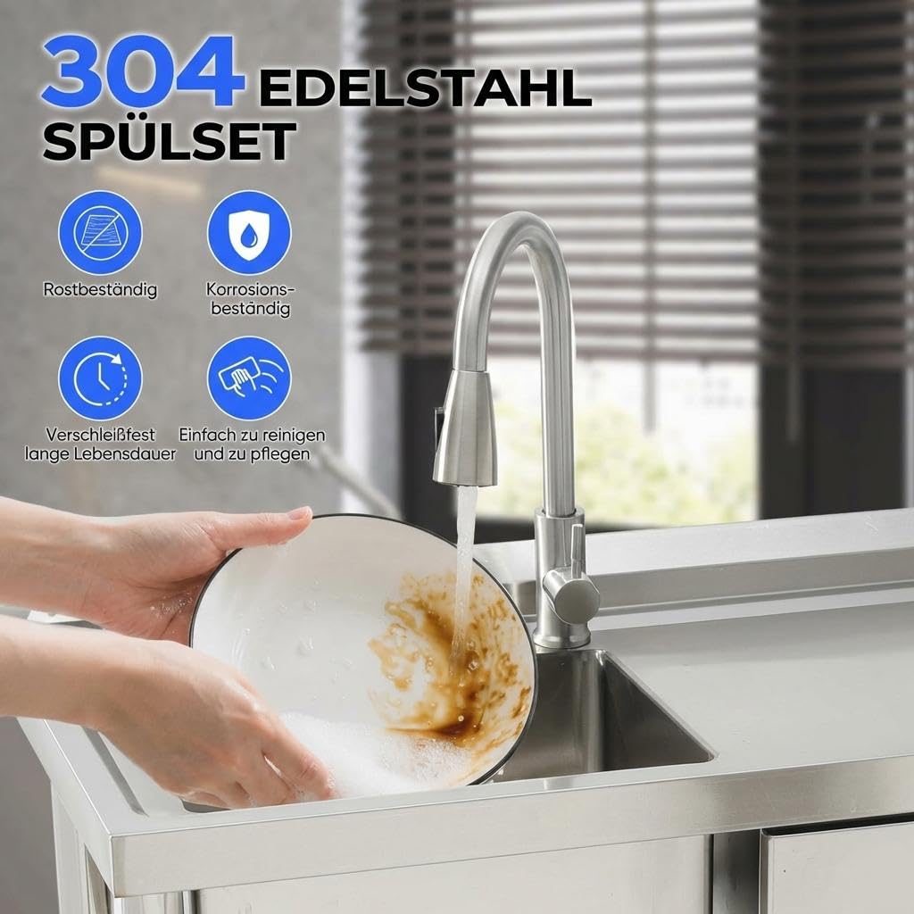 Edelstahl Spültisch Spülbecken Freistehend Mit Arbeitstisch & Schublade, Utility Waschbecken Mit Ausziehbarer Armatur, Warm- & Kaltwasseranschluss, Waschbecken Für Küche, Garage, Werkstatt, Keller