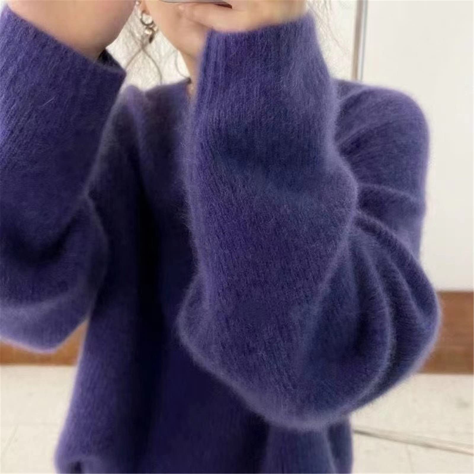Otoño e invierno cuello redondo suéter de cachemira mujeres engrosado estilo perezoso gris oscuro suéter de punto suelto, Morado (, M