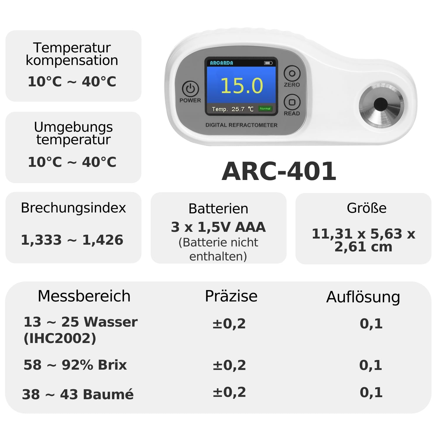 Digitales Refraktometer Brix Honig-Refraktometer Zuckergehalt Messgerät Refraktometer Zucker Fruchtmessgerät Zuckermessgerät für Honig ATC (IHC2002) 13–25 Brix 58–92% Baume 38–43 RI 1,4370–1,5233