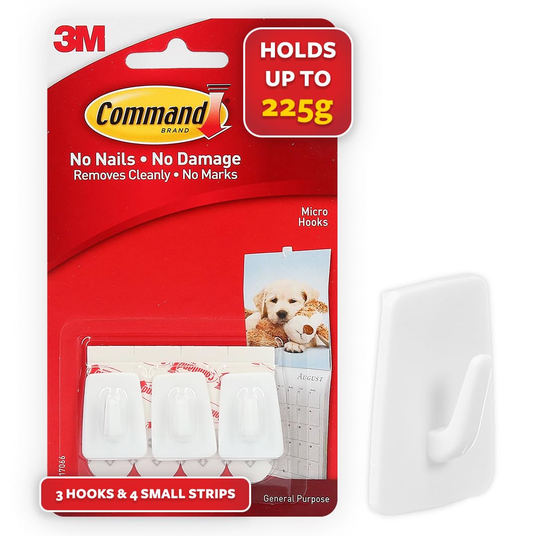 3M Command Micro Wall Hooks, Holds 225gms, No paint Damage, Holds Strongly, Reusable, Adhesive hooks for wall, Multi-surface (White, 3 hooks, 4 strips)