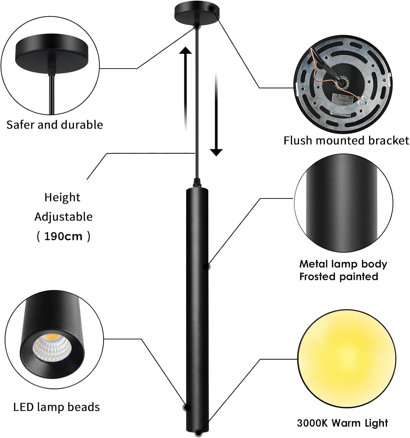 Pendant Lights Kitchen Island 2 Pack, Modern LED Pendant Light for Bedroom Bedside Table TV Background, Minimalist Black Pendant Light Fixture, Kitchen Island Light, Height Adjustable, 3000k