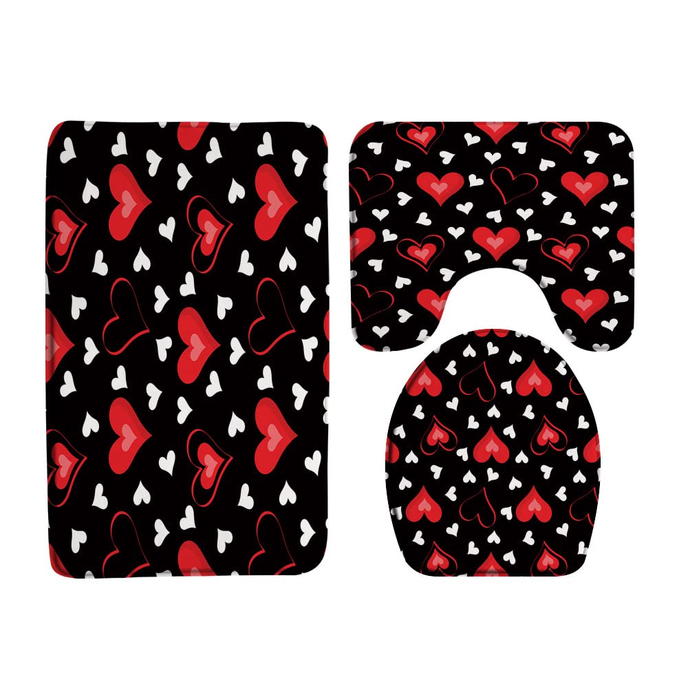 VPUPCN Valentine's Day 3 Pcs Bath Rugs Set,Red Heart Romantic Love Sweet Couple Modern Black Background Bathroom Kitchen Rug with 16