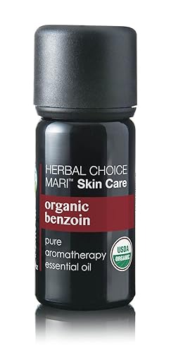 Herbal Choice Mari - Aceite esencial de benjuí orgánico (botella de vidrio de 0.3 onzas líquidas), sin productos químicos sintéticos tóxicos, tamaño