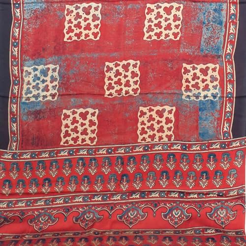 Image of Ethnics of Kutch Ajrakh Modal Silk Saree For Women | Natural Dye Hand Block Print |With Unstitched Blouse Piece | 5.5 Mtr Length (Red 27A01S)