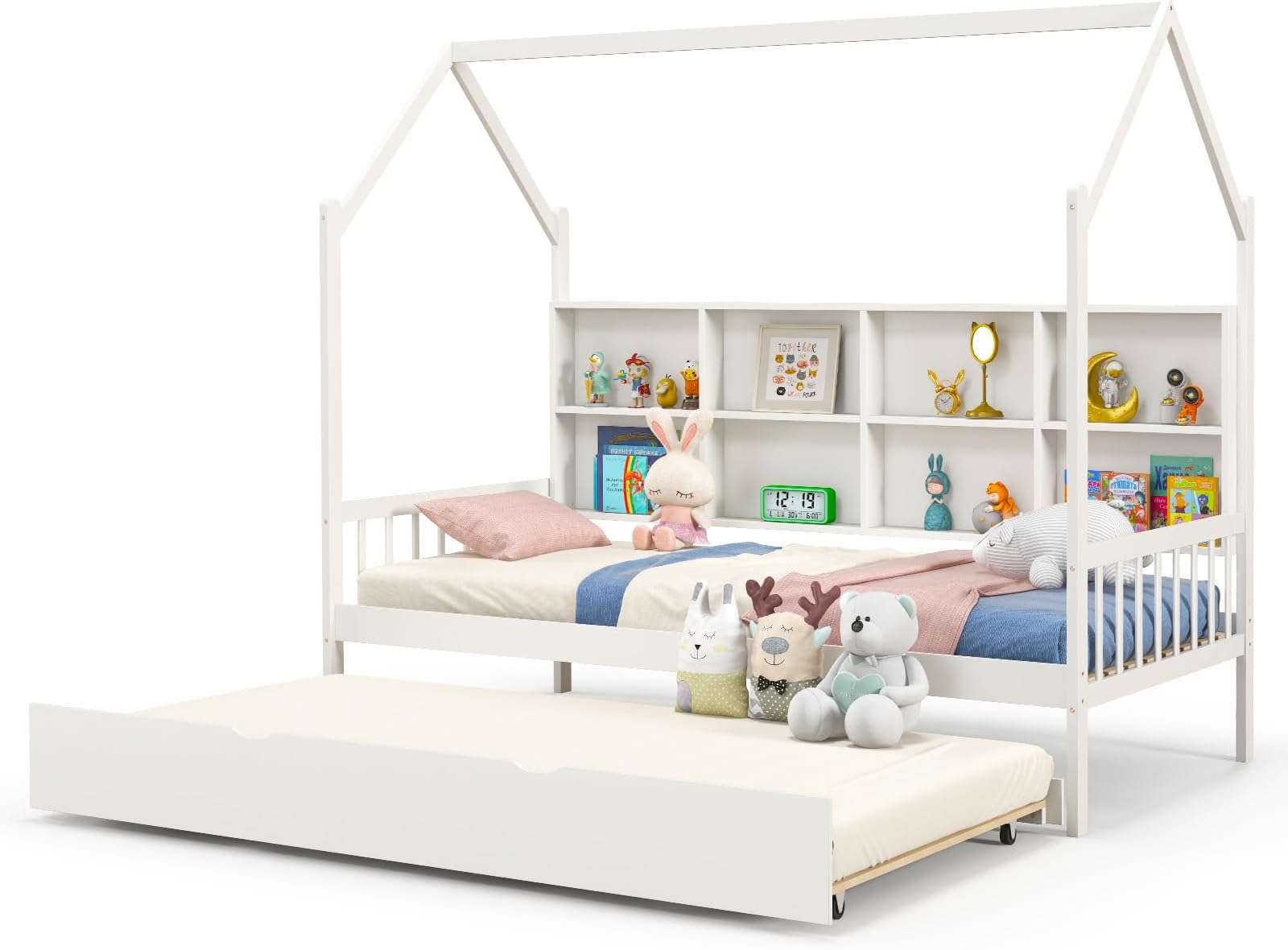 Amazon.com: Giantex Twin House Bed with Trundle, Solid Wood Bed Frame ...