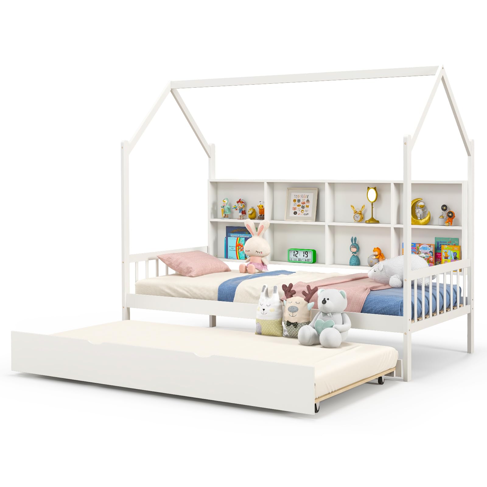 Giantex Twin House Bed with Trundle, Solid Wood Bed Frame with Roof & 8 Cube Bookcase, Wooden Slatted Support Bed Frame for Girls, Boys, No Box Spring Needed, White (Box 1 of 2 Only)