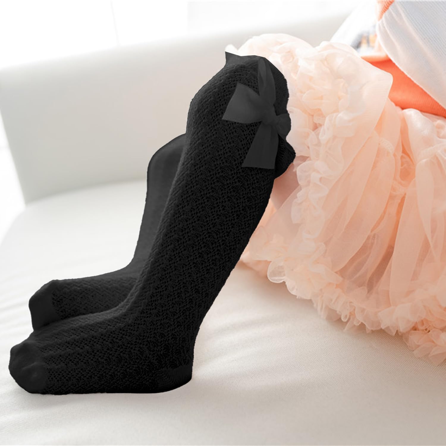 SYGA Baby Girls Mesh Nylon Over The Knee Bow Socks Suitable For Ages 0-3 Years(Black) 2