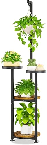 LASZOLA Soporte para Plantas Alto de 4 Niveles Negro para Interiores con Anillo Colgante, Estante Vertical de Esquina de Metal Grande de Servicio