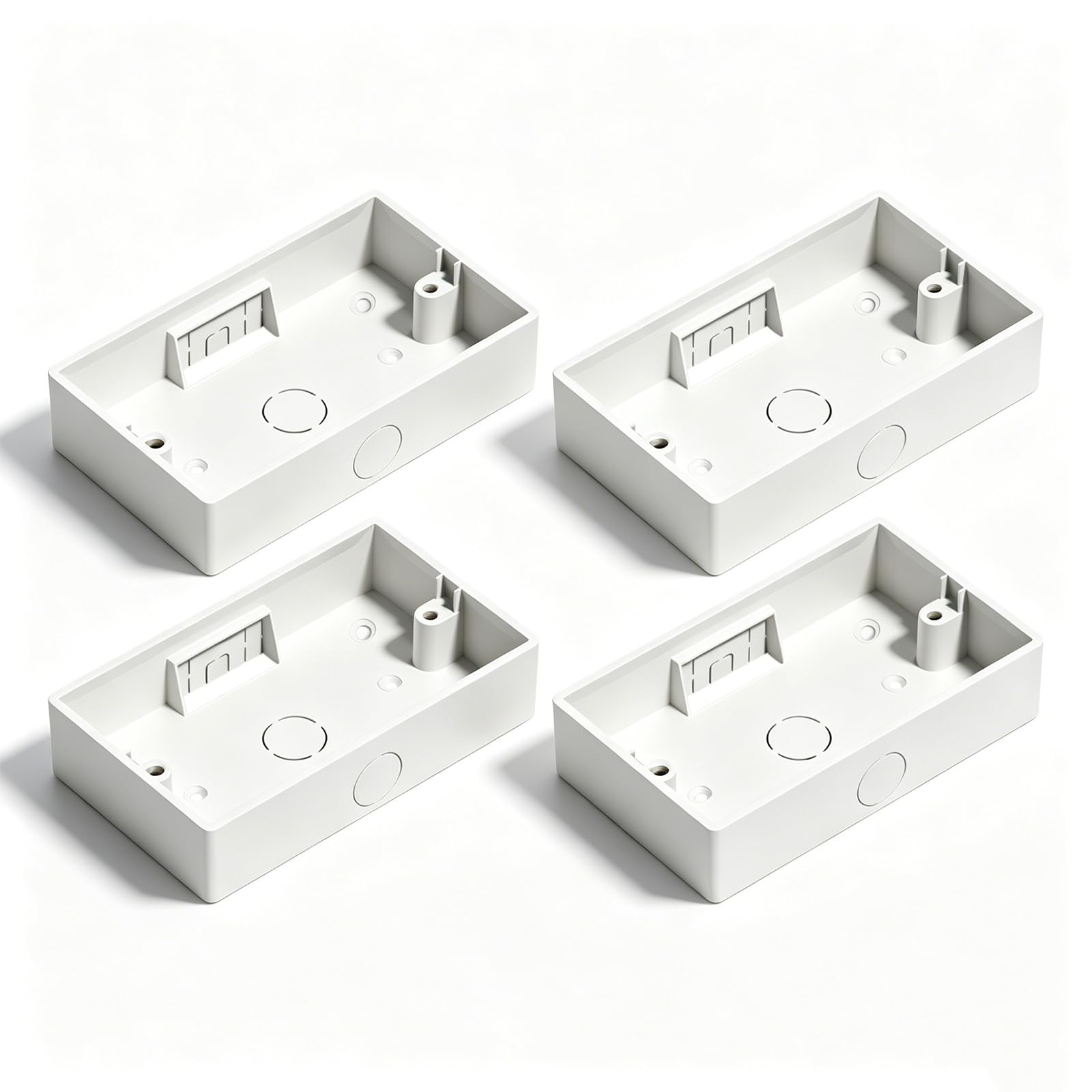 Double Socket Back Box,4Pcs 2 Gang Surface Mount Pattress Box,PVC Electrical Boxes with Screws and Knockouts,White Surface Back Electrical Mounting Cases for Light Switches & Plug Sockets,147*86*35mm