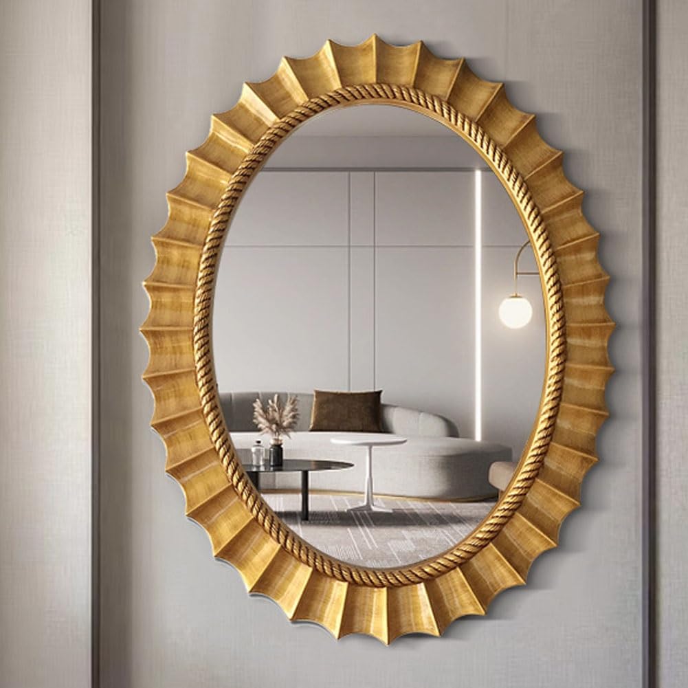FGXHHS European ornate bathroom wall mirror, oval antique hotel entryway mounted decorative mirror，Antique PU frame mirror，Suitable for living room/entrance/dresser/fireplace(Gold)