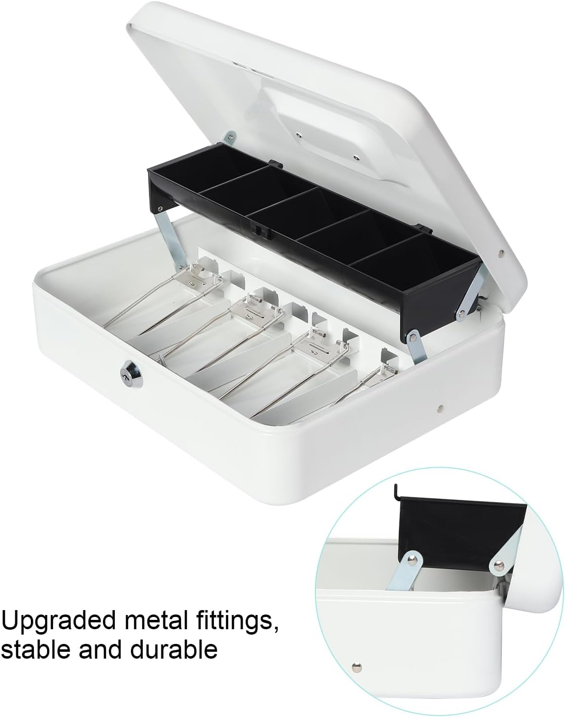 Large Cash Box with Money Tray and Lock, Metal Money Box for Cash, Lockbox 11.8 x 9.5 x 3.54 Inches, White