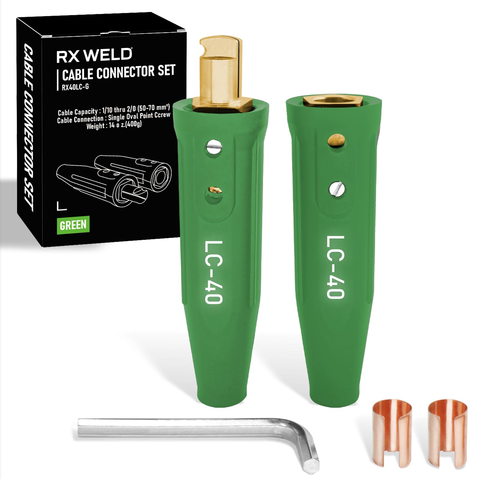 RX WELD LC40 Cable Connector Set, Includes Black Male and Female for Cable Capacity: 1/0 thru 2/0 (50-70mm²)-Green