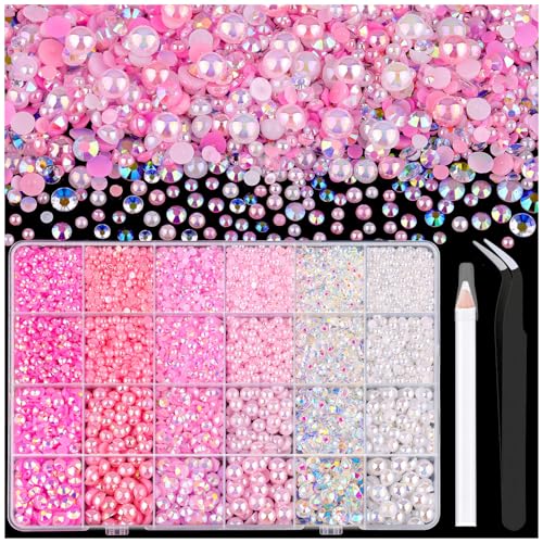 9000PCS Flatback Pearls and Rhinestones for Bedazzling, Pink White Mixed Size 3-8mm Resin Rhinestones and Half Pearls for Crafting, Nail Art and Grad Cap Decoration with Tweezers and Pickup Pencil
