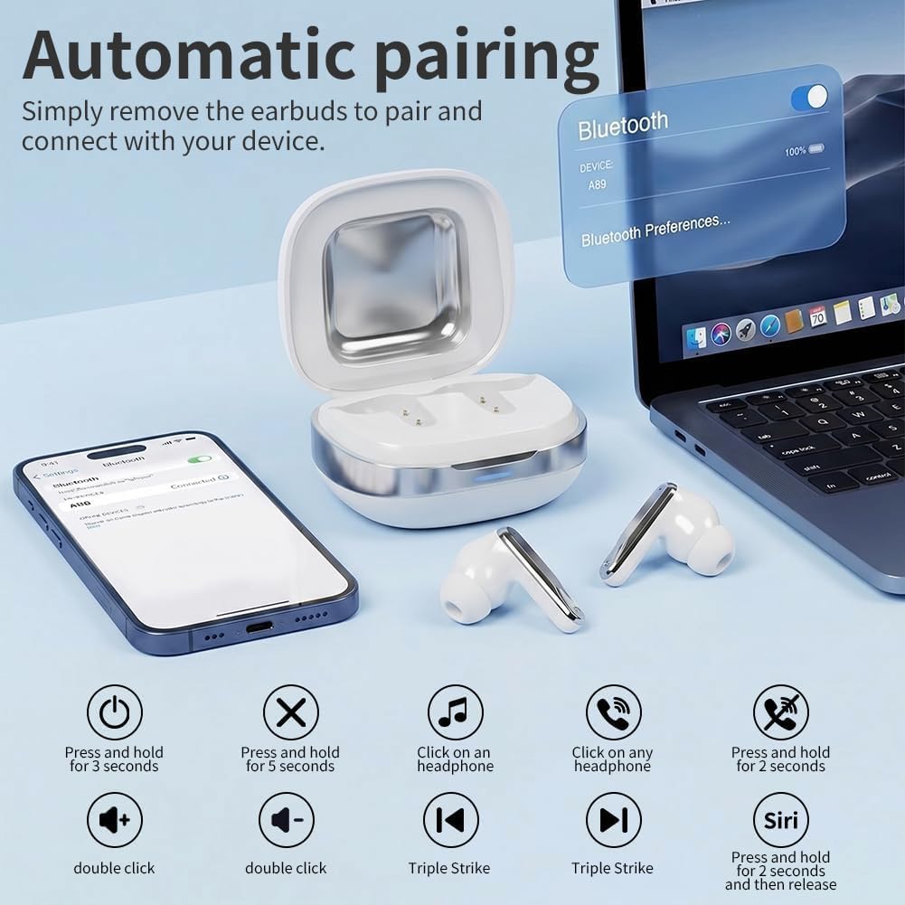 Écouteurs Bluetooth, écouteurs Intra-Auriculaires sans Fil, Bluetooth 5.4, 30 Heures de Lecture stéréo, étanches Professionnels, Interface USB-C, réduction Intelligente du Bruit （Blanc）