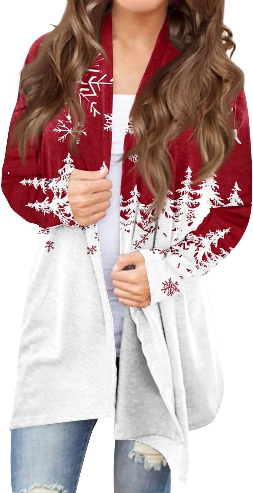 SCBFDI Ladies Christmas Cardigans, Autumn Cardigans for Women Uk Office Long-Sleeved Christmas Outwear Kawaii Plus Size Cardigans Light Snowfalkes Slim Oversized Cardigan for Women