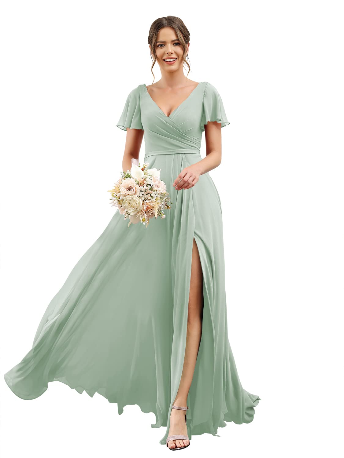 Women's V Neck Short Sleeve Bridesmaid Dresses Long Pleats Chiffon High Slit Formal Dress with Pockets DI001