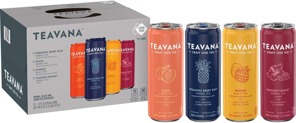 Teavana Craft Variety Pack Iced Natural Tea with Pineapple Berry Blue, Peach Green, Mango Black, Passion Tango Flavors 12 Fl. Oz. Cans (Pack of 12)