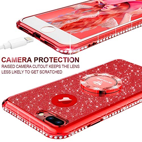 Ocyclone Iphone 8 Plus Case, Iphone 7 Plus Case, Glitter Luxury Bling Diamond Rhinestone Bumper With Ring Grip Kickstand Protective Thin Girly Red Iphone 8 Plus/ 7 Plus Case For Women Girl - Red #TOP2