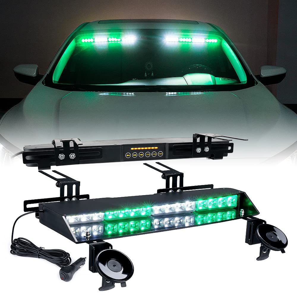 Xprite Dual Visor Strobe Light Bar Windshield Sunvisor Emergency Hazard Warning Flashing Caution Traffic Lightbars w/Extend Bracket & Suction Cup for POV Law Enforcement Vehicles Trucks White&Green