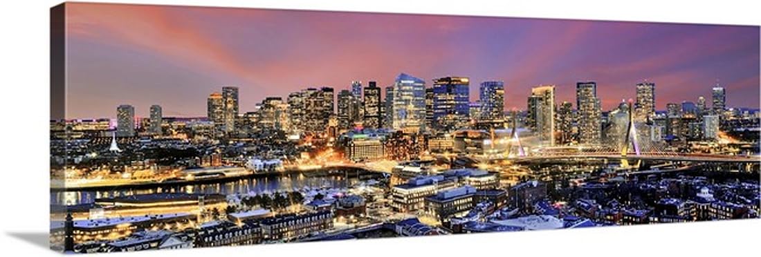 PHOTOSBYJON CANVAS Boston Skyline Dusk 16 inches x 46 inches Color City Downtown Photographic Panorama Print Photo Picture