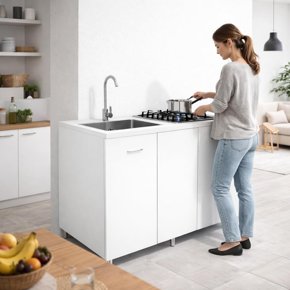 Shally Dogan Sottolavello Cucina 120 x 60 x 85 cm completo di Piano Cottura 4 Fuochi e Lavello in Acciaio Zincato 50 x 40 cm a sinistra, Rubinetteria Completa con Fontana e Accessori Inclusa (Bianco)