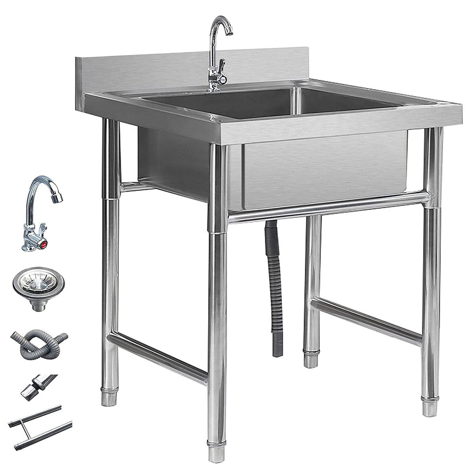 Évier sur pieds en acier INOX anti-eclaboussures, grand lavabo de cuisine facile à nettoyer