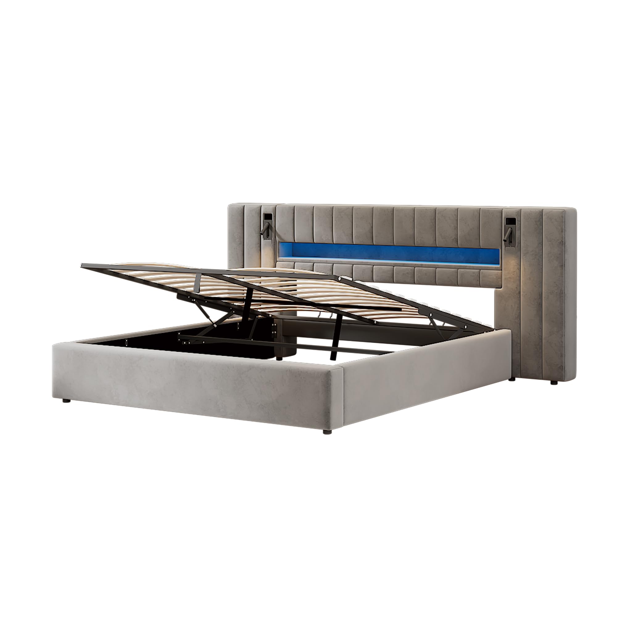 Kayan Polsterbett 180x200cm, Boxspringbett mit hydraulisches Bettkasten, Doppelbett mit LED-Kopfteil und Lattenrost, Leselicht mit USB Aufladen, Stauraumbett Jugendbett Bettgestell, Samt
