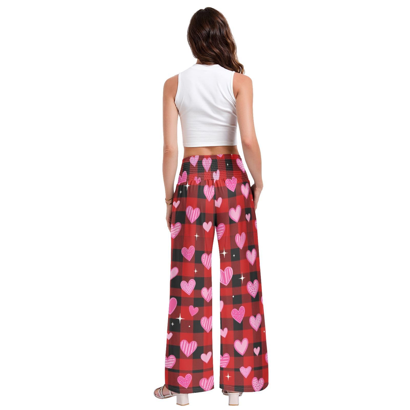 Pantalones de pierna ancha con corazones a cuadros para mujer, ligeros, con tacto modal