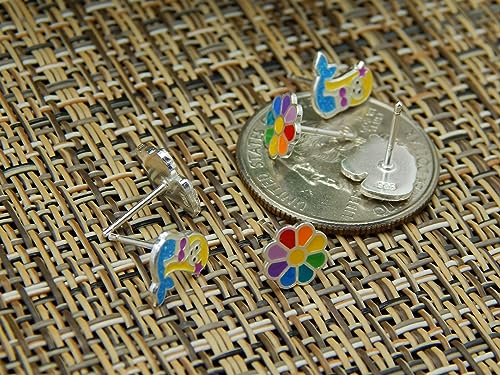 925 Sterling Silver Set of 3 Pairs Rainbow Flower, Mermaid, Unicorn Stud Earrings (Nickel Free)3