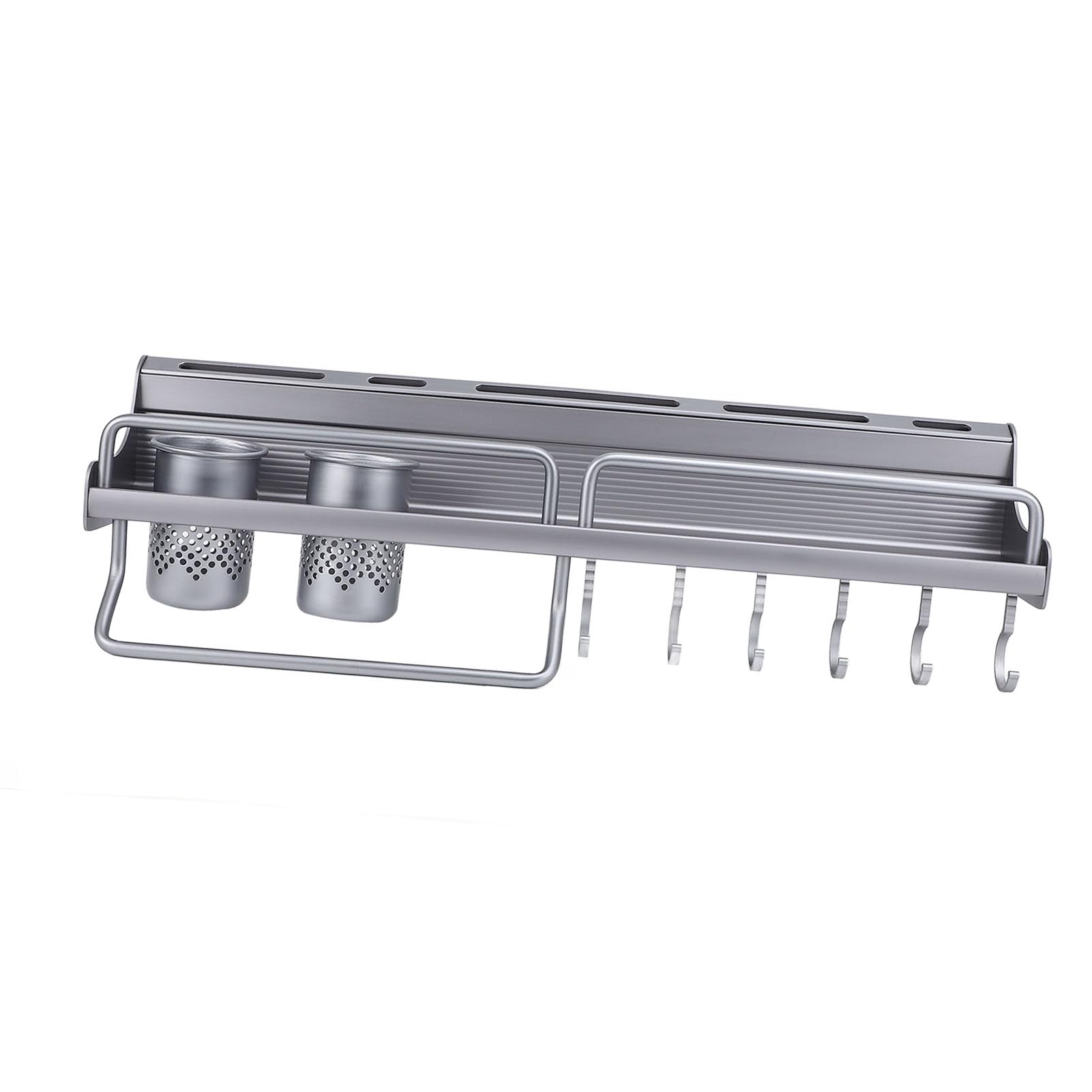 Jiawu Support Mural pour Ustensiles de Cuisine en Alliage d'aluminium, étagère de Rangement Peu Encombrante avec Deux Paniers à Baguettes, Support Suspendu de Cuisine Gris pour Ustensiles, Outils et