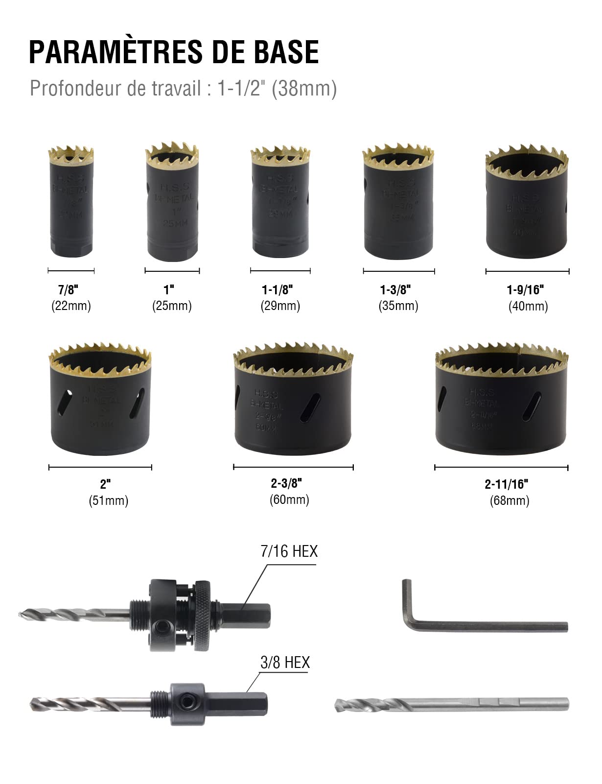 BINOTA Sega a Tazza Bimetallica M42, Kit 22-68 mm, per Metallo, Legno, Compensato, PVC, Fibra di Legno, Cartongesso, Set 22 25 29 35 40 51 60 68mm