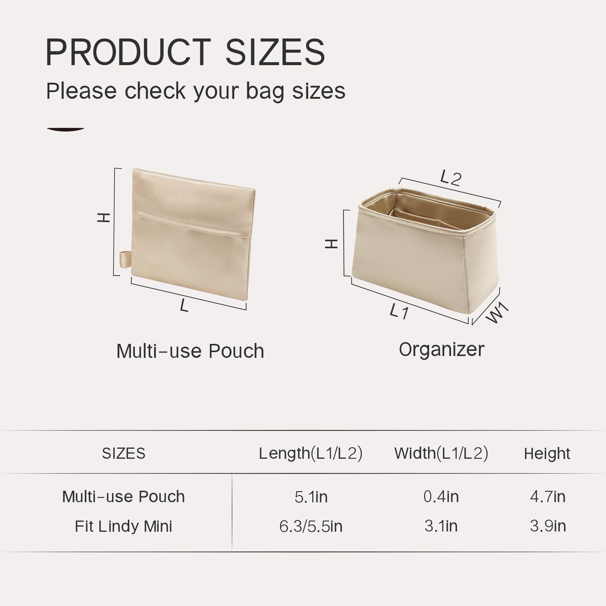 Organizador de monedero para bolsos, organizador de bolsas de seda para bolsa y bolso de lujo, bolsa de mano, suave y sedosa, organizador de bolsas compatible con Lindy 19 (LD19, champán)