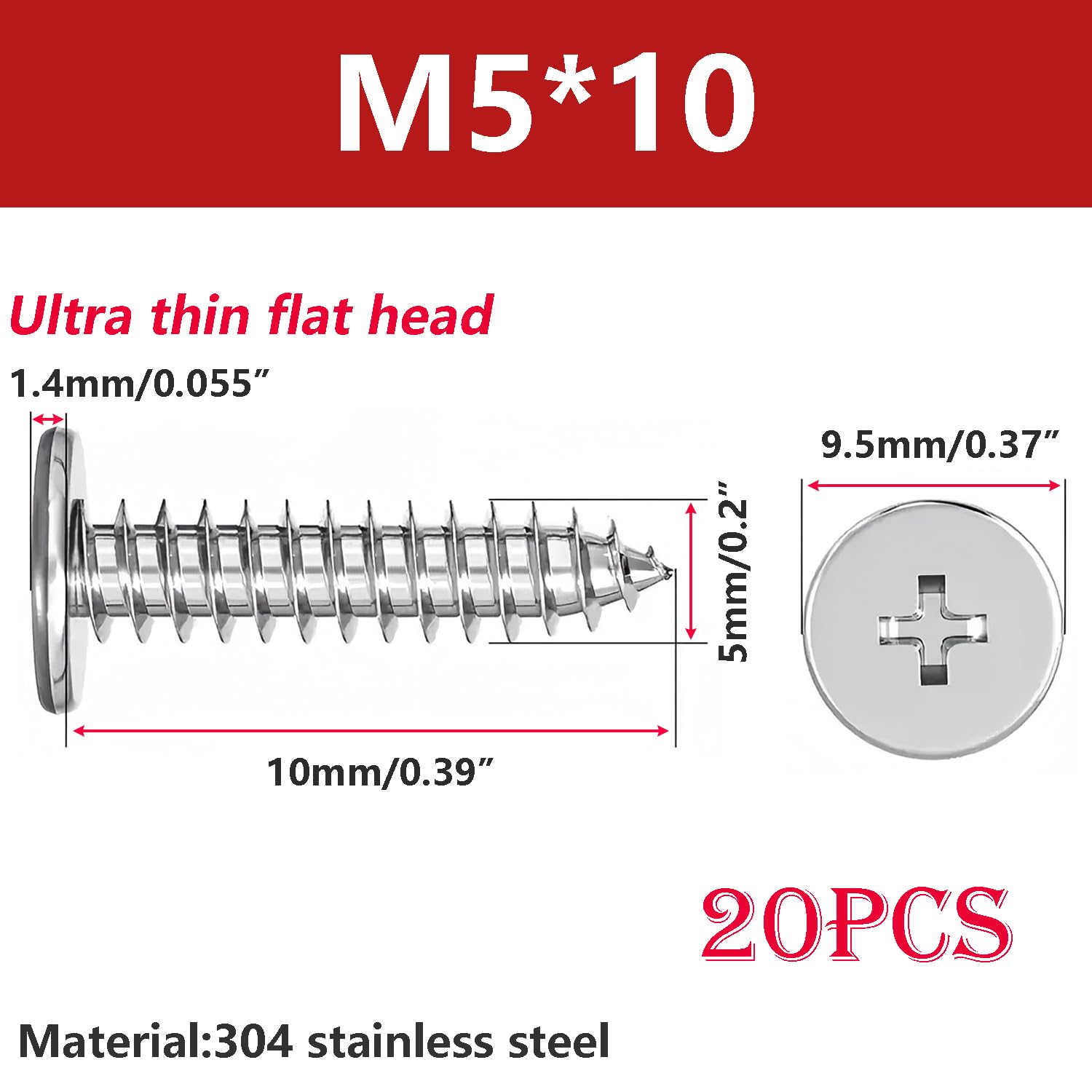 Ctyjia M5 x 10mm Phillips Flat Head Self-Tapping Screws, Thin Flat Head, 304 Stainless Steel - Image 2