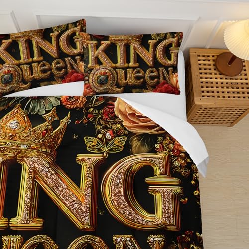 Image of King and Queen Comforter Set Black and Gold,King and Queen Bedding Set,Red Floral Quilt Set King Size,with 1 Comforter with 2 Pillow Case